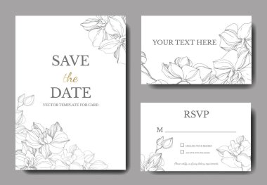 Vektör orkide. Oyulmuş mürekkep sanat. Arka plan kartları dekoratif çiçeklerle düğün. Teşekkür ederim, rsvp, davetiye kartları grafik afiş ayarla.