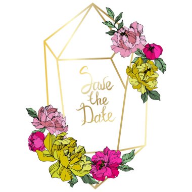 Vector Pink and yellow peonies. Wildflowers isolated on white. Engraved ink art. Floral frame border with 'save the date' lettering clipart