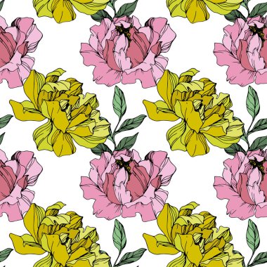 Pembe ve sarı vektör peonies. Çiçekler beyaz izole. Oyulmuş mürekkep sanat. Sorunsuz arka plan deseni. Yazdırma doku duvar kağıdı.