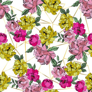 Pembe ve sarı vektör peonies. Çiçekler beyaz izole. Oyulmuş mürekkep sanat. Sorunsuz arka plan deseni. Yazdırma doku duvar kağıdı.