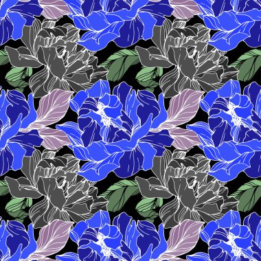 Vektör mavi, yeşil ve gri peonies. Siyah arka plan üzerine kır çiçekleri. Oyulmuş mürekkep sanat. Sorunsuz arka plan deseni. Yazdırma doku duvar kağıdı.