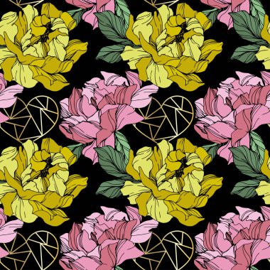 Pembe ve sarı vektör peonies. Süs arka plan üzerinde kır çiçekleri. Oyulmuş mürekkep sanat. Sorunsuz arka plan deseni. Yazdırma doku duvar kağıdı.