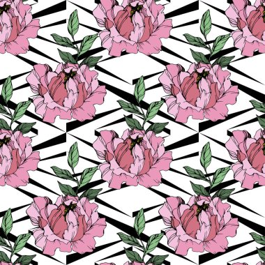 Pembe peonies vektör. Süs arka plan üzerinde kır çiçekleri. Oyulmuş mürekkep sanat. Sorunsuz arka plan deseni. Yazdırma doku duvar kağıdı.