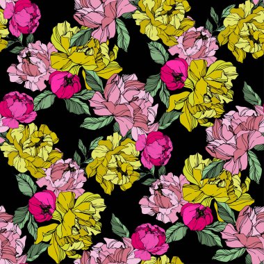 Pembe ve sarı vektör peonies. Siyah izole kır çiçekleri. Oyulmuş mürekkep sanat. Sorunsuz arka plan deseni. Yazdırma doku duvar kağıdı.
