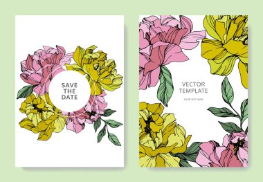 Vektör pembe ve sarı peonies. Oyulmuş mürekkep sanat. Düğün davetiye kartları grafik afiş set tarihi Kaydet.