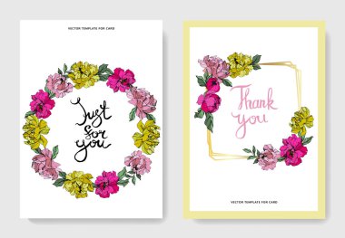 Vektör pembe ve sarı peonies. Oyulmuş mürekkep sanat. Düğün kartları ve 'teşekkür ederim' ile ' sadece sen' yazı. Grafik afiş ayarla.