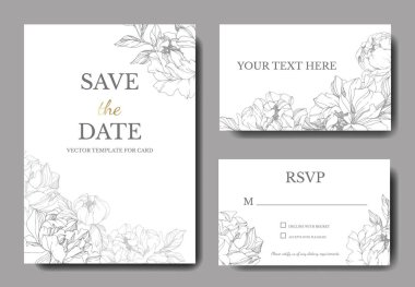 Vektör peonies. Oyulmuş mürekkep sanat. Arka plan kartları dekoratif çiçeklerle düğün. Teşekkür ederim, rsvp, davetiye kartları grafik afiş ayarla.