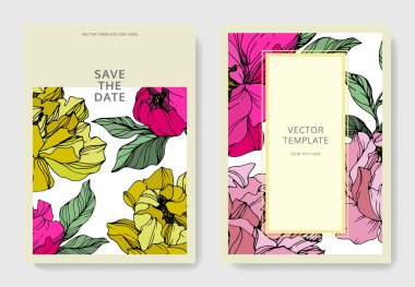 Vektör pembe ve sarı peonies. Oyulmuş mürekkep sanat. Düğün davetiye kartları grafik afiş set tarihi Kaydet.