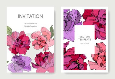 Vector pink and purple peonies. Engraved ink art. Wedding background cards with decorative flowers. Invitation cards graphic set banner. clipart