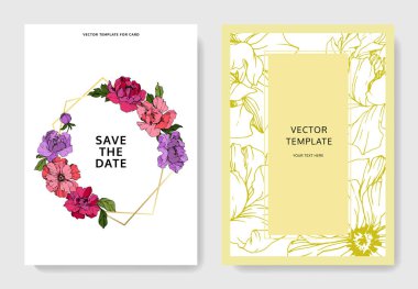 Vektör pembe ve mor peonies. Oyulmuş mürekkep sanat. Düğün davetiye kartları grafik afiş set tarihi Kaydet.