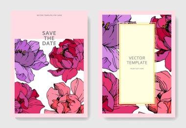Vektör pembe ve mor peonies. Oyulmuş mürekkep sanat. Düğün davetiye kartları grafik afiş set tarihi Kaydet.