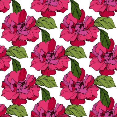 Vektör kırmızı peonies. Çiçekler beyaz izole. Oyulmuş mürekkep sanat. Sorunsuz arka plan deseni. Yazdırma doku duvar kağıdı.