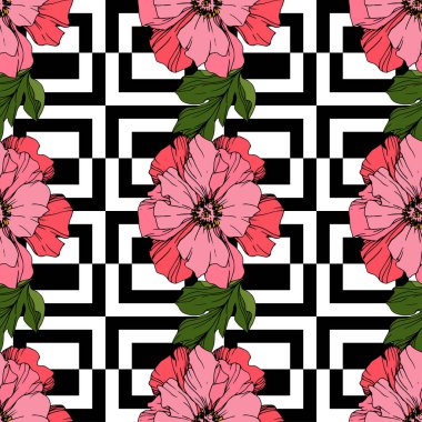 Süs arka plan üzerinde pembe peonies vektör. Oyulmuş mürekkep sanat. Sorunsuz arka plan deseni. Yazdırma doku duvar kağıdı.