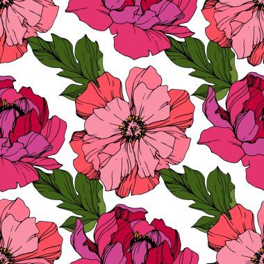 Pembe peonies vektör. Çiçekler beyaz izole. Oyulmuş mürekkep sanat. Sorunsuz arka plan deseni. Yazdırma doku duvar kağıdı.