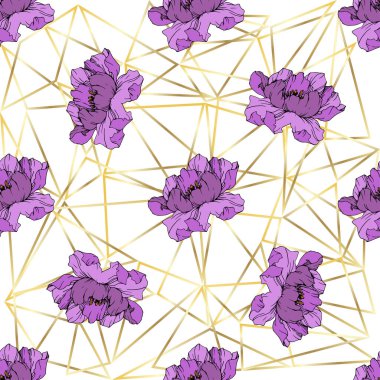 Vector purple peonies on ornamental background. Engraved ink art. Seamless background pattern. Wallpaper print texture. clipart