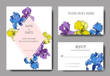 Vektör Süsen. Oyulmuş mürekkep sanat. Arka plan üzerinde dekoratif çiçeklerle düğün kartları. 'Tarih Kaydet', 'rsvp', davetiye kartları grafik afiş ayarla.