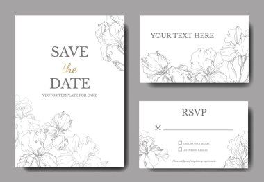 Vector irises. Engraved ink art. Wedding cards with decorative flowers on background. 'Save the date', 'rsvp', invitation cards graphic set banner. clipart