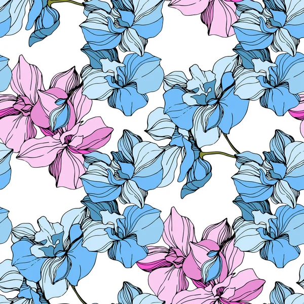 ベクターのピンクとブルーの蘭 野生の花が白で隔離 刻まれたインク アート シームレスな背景パターン プリントのテクスチャーを壁紙します — ストックベクタ