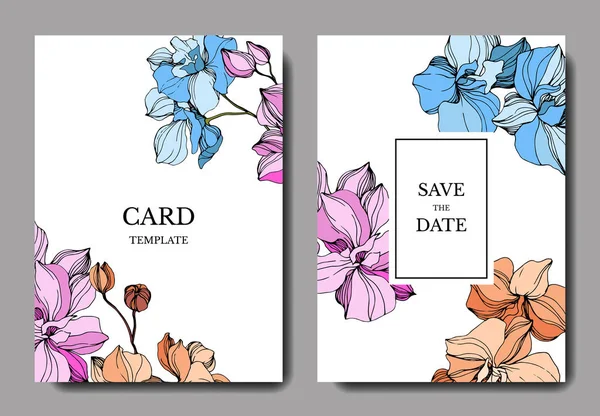 Orquídeas Vectoriales Arte Tinta Grabada Tarjetas Fondo Boda Con Flores — Vector de stock