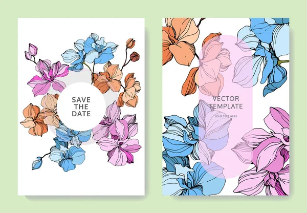 Orquídeas Vectoriales Arte Tinta Grabada Tarjetas Fondo Boda Con Flores — Vector de stock