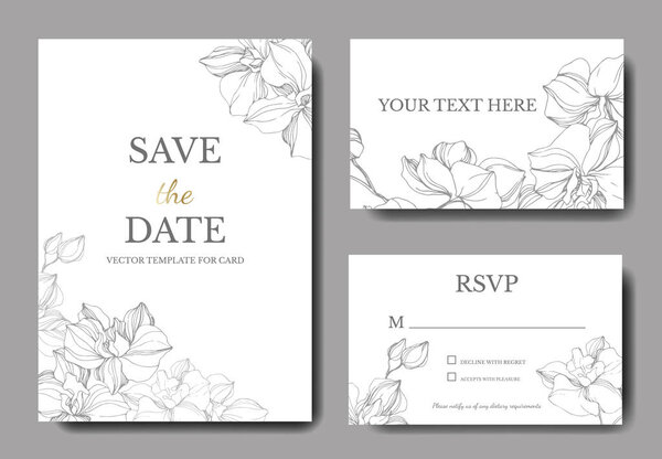 Векторные орхидеи. Гравировка чернил. Свадебные открытки с декоративными цветами. Спасибо, rsvp, пригласительные билеты графический набор баннер
.