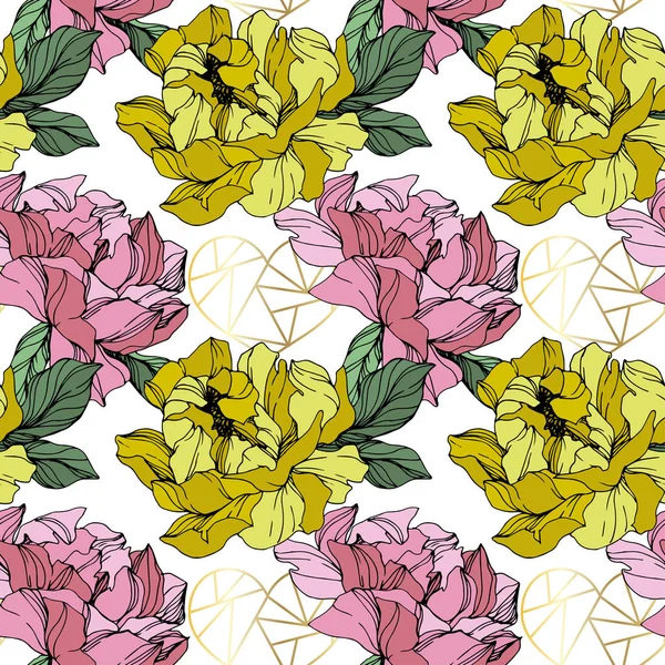 Vecteur Pivoines Rose Jaune Fleurs Sauvages Isolées Sur Blanc Encre — Image vectorielle