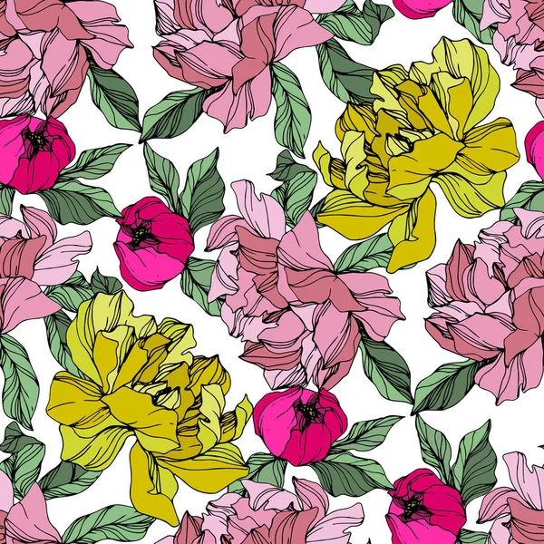 Vector Bujori Roz Galben Florile Sălbatice Izolate Alb Artă Cerneală — Vector de stoc