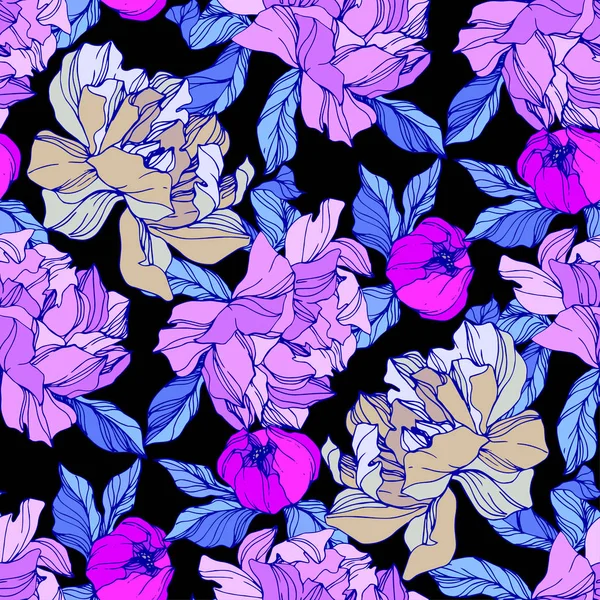 Vector Neon Roze Pioenrozen Wilde Bloemen Geïsoleerd Zwart Gegraveerde Inkt — Stockvector