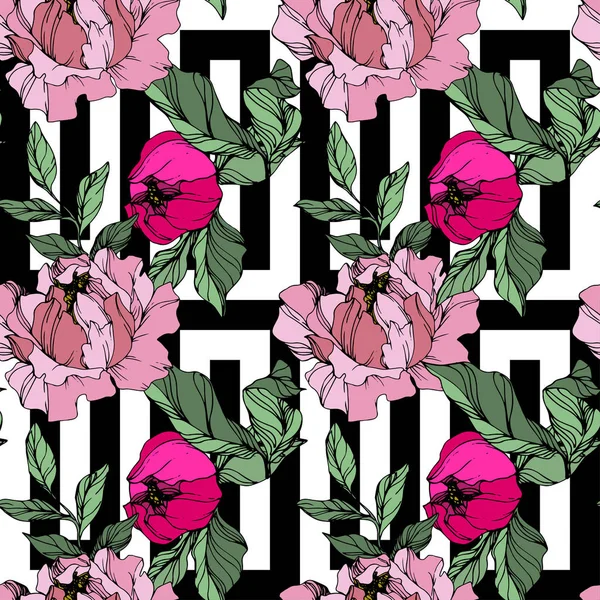 Vector Pink Peonies Wildflowers Ornamental Background Engraved Ink Art Seamless — Stock Vector