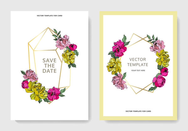 Vector pink and yellow peonies. Engraved ink art. Save the date wedding invitation cards graphic set banner.