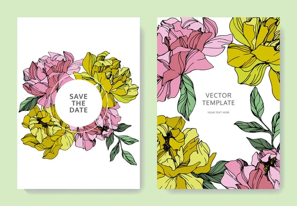 Vector Pink Yellow Peonies Engraved Ink Art Date Wedding Invitation — Stock Vector