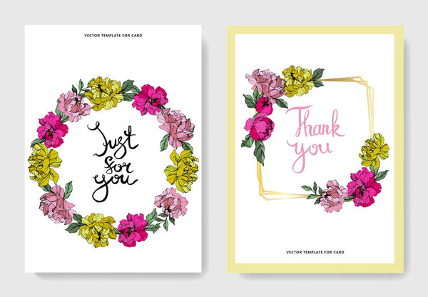Vector pink and yellow peonies. Engraved ink art. Wedding cards with 'thank you' and 'just for you' lettering. Graphic set banner.
