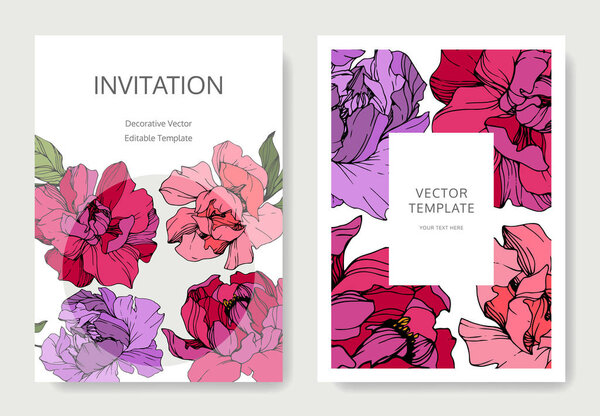 Vector pink and purple peonies. Engraved ink art. Wedding background cards with decorative flowers. Invitation cards graphic set banner.
