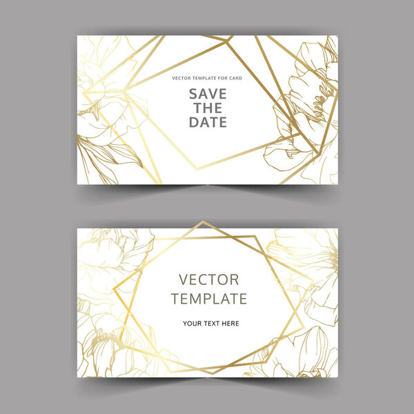 Vector golden peonies. Engraved ink art. Save the date wedding invitation cards graphic set banner.