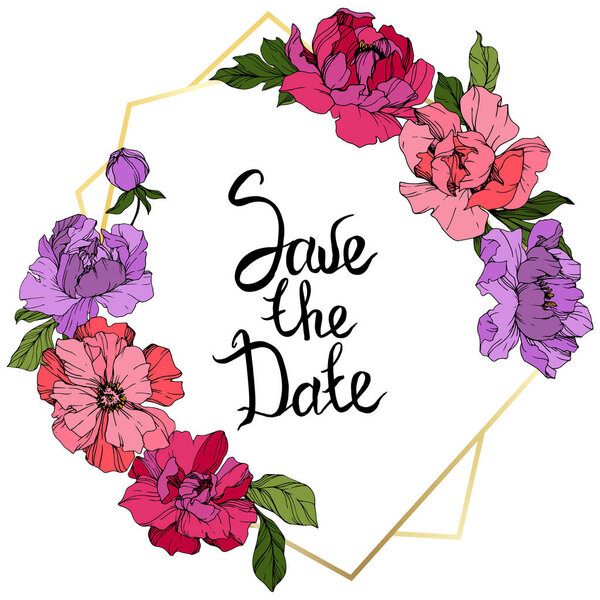 Vector Pink and purple peonies. Wildflowers isolated on white. Engraved ink art. Floral frame border with 'save the date' lettering