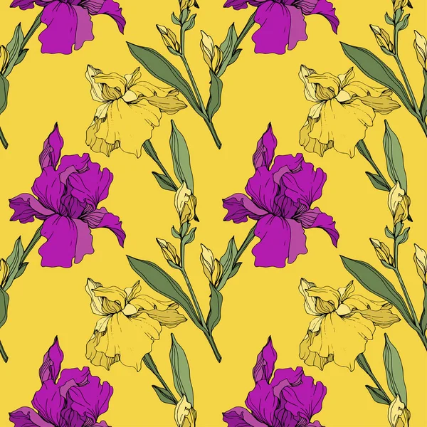 Vector Lirios Púrpura Amarillo Flores Silvestres Aisladas Amarillo Arte Tinta — Vector de stock