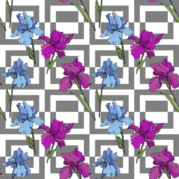 Vector Purple Blue Irises Wildflowers Ornamental Background Engraved Ink Art — Stock Vector