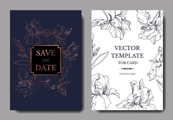Vector irises. Engraved ink art. Wedding background cards with decorative flowers. Invitation cards graphic set banner.