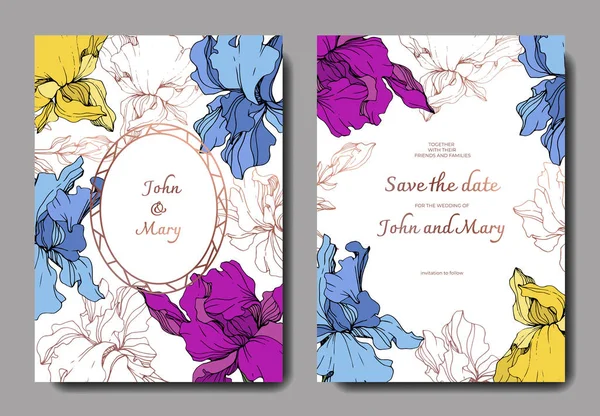 Iris Vectoriales Arte Tinta Grabada Tarjetas Fondo Boda Con Flores — Vector de stock