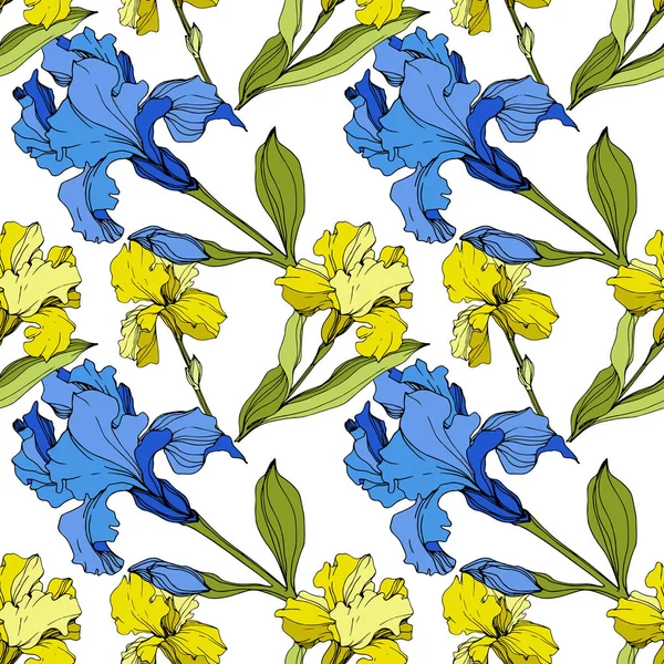 矢量黄色和蓝色的 I复活 五颜六色的野花在白色上被隔绝 雕刻的水墨艺术 无缝的背景模式 壁纸打印纹理 — 图库矢量图片