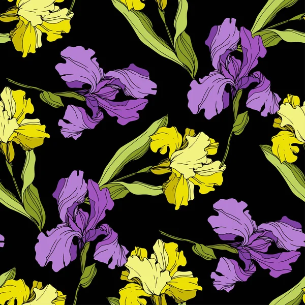 ブラックに分離ベクトル紫と黄色のアイリス カラフルな花々 刻まれたインク アート シームレスな背景パターン プリントのテクスチャーを壁紙します — ストックベクタ