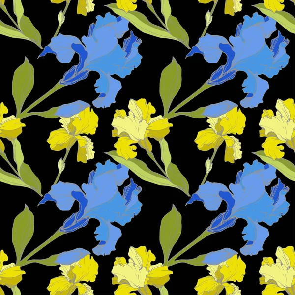 Векторно Голубые Жёлтые Ирисы Изолированы Чёрном Красочные Полевые Цветы Гравировка — стоковый вектор
