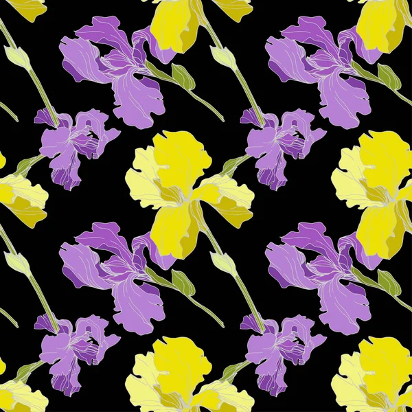 向量紫色和黄色 在黑色查出了 五颜六色的野花 雕刻的水墨艺术 无缝的背景模式 壁纸打印纹理 — 图库矢量图片
