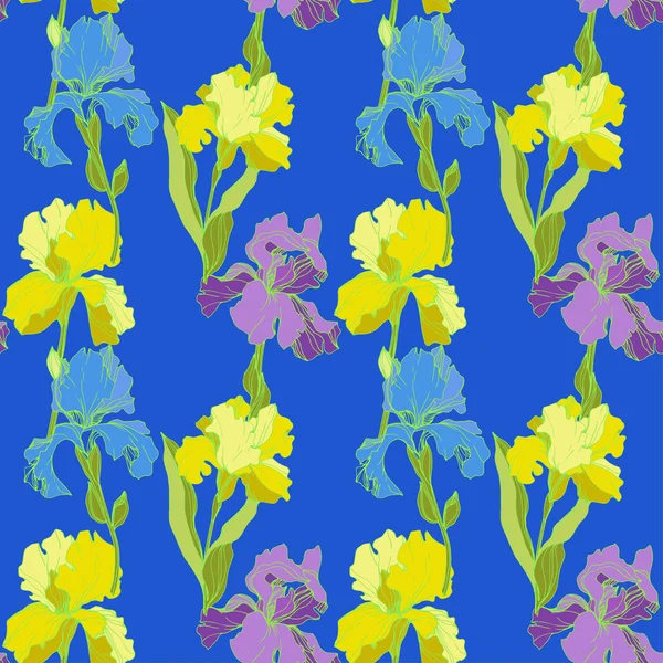 Vector Irises Fundo Azul Flores Silvestres Coloridas Arte Tinta Gravada —  Vetores de Stock