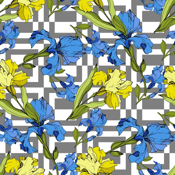 Lirios Azules Amarillos Vectoriales Sobre Fondo Ornamental Flores Silvestres Colores — Vector de stock