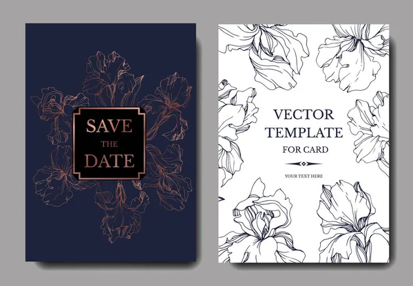 Íris Vetoriais Arte Tinta Gravada Cartões Casamento Com Flores Decorativas — Vetor de Stock
