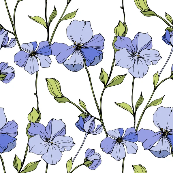 Vector Blue Flax Wildflowers Isolated White Engraved Ink Art Seamless — Stock Vector