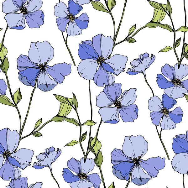 Vector Blue Flax Wildflowers Isolated White Engraved Ink Art Seamless — Stock Vector