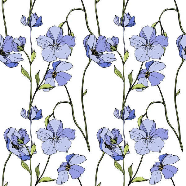 Vector Blue Flax Wildflowers Isolated White Engraved Ink Art Seamless — Stock Vector