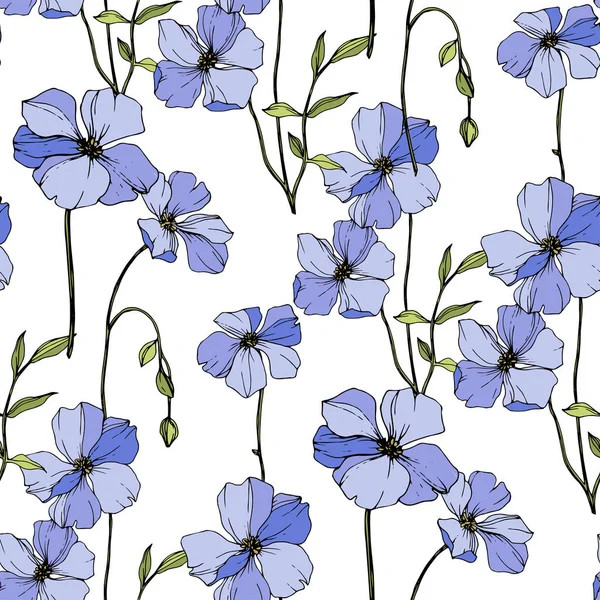 Vector Blue Flax Wildflowers Isolated White Engraved Ink Art Seamless — Stock Vector
